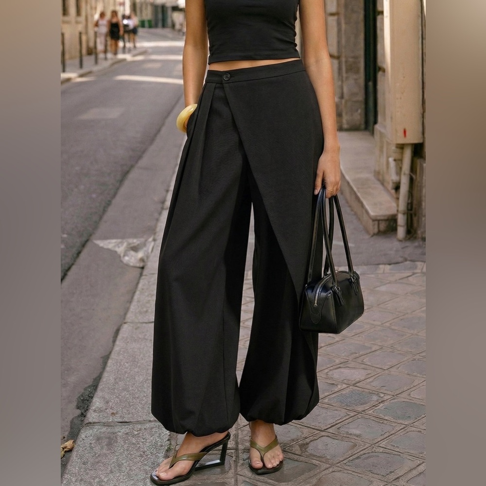Commense Black 
Wrap-Front Wide-Leg Pants